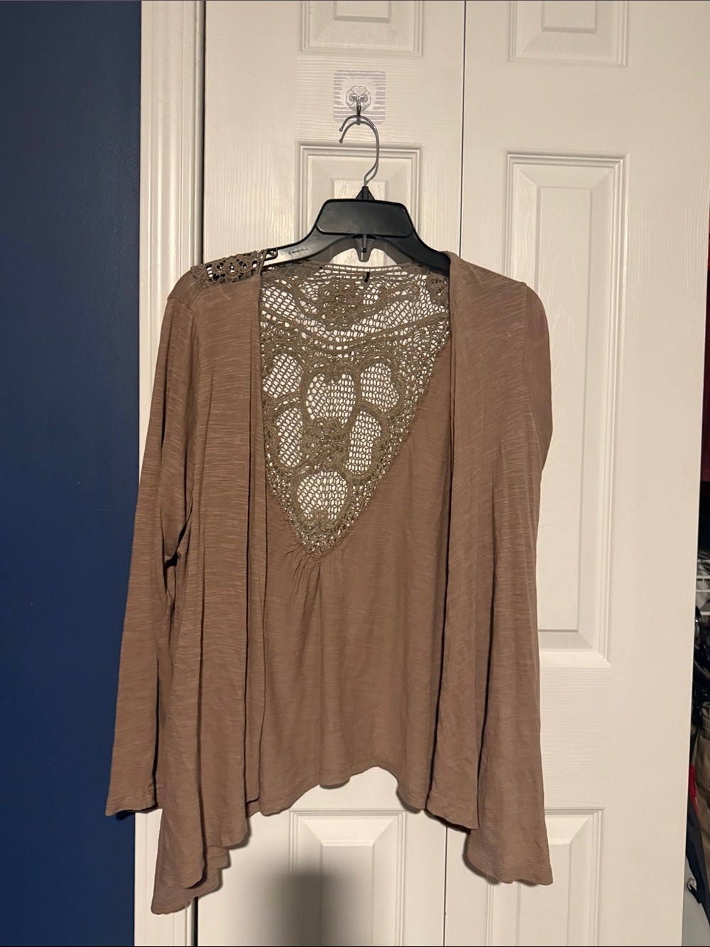 Women's Taupe Crochet-Back Open Cardigan
